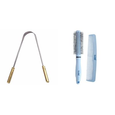 GUBB G+ Tongue Cleaner For Adults & Kids Grooming Stylish Combo of Round Rolling Curling Roller Comb Hair Brush & Half Coarse and Half Fine General Grooming Comb - Blue