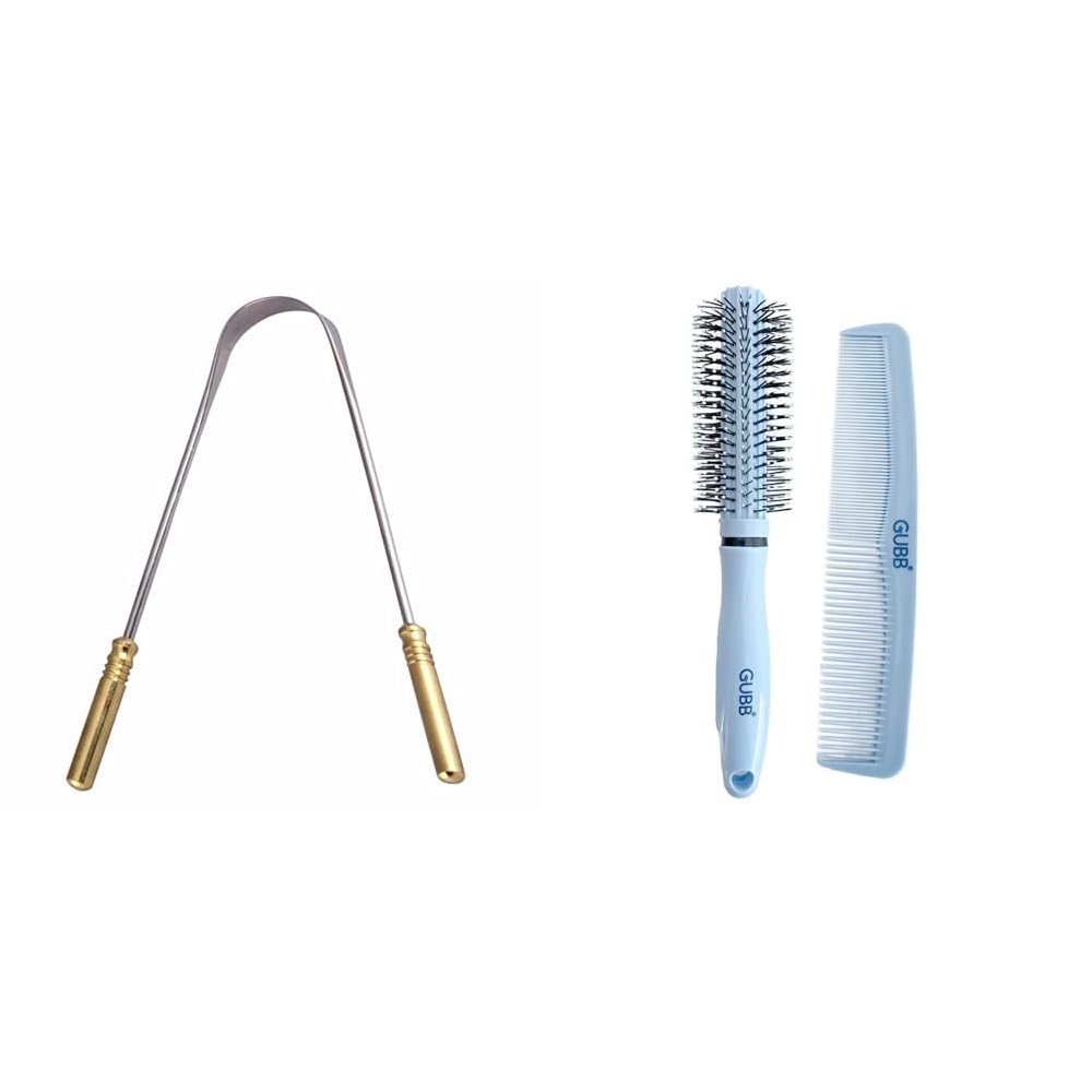 GUBB G+ Tongue Cleaner For Adults & Kids Grooming Stylish Combo of Round Rolling Curling Roller Comb Hair Brush & Half Coarse and Half Fine General Grooming Comb - Blue