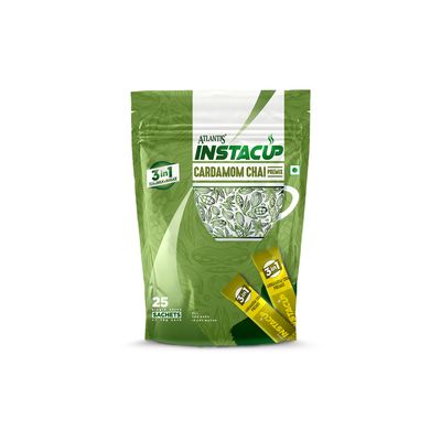 ATLANTIS Instacup Cardamom Tea Premix Single Serve Sachets Pack | 25 Sachets X 14 Grams | Travel-Friendly Zipper Lock Pack | Just Add Hot Water & Stir