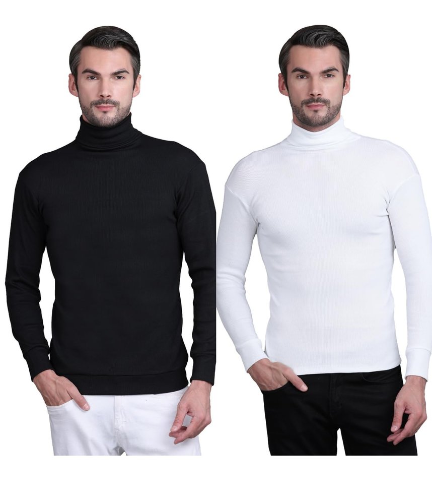 Pack of 2 Men's Cotton Wool Stylish Turtle Neck Sweater | Winter Turtle Neck Sweater for Men | High Neck Pullover Sweater, Full Sleeve Winter Sweater for Men-Black/White-XL