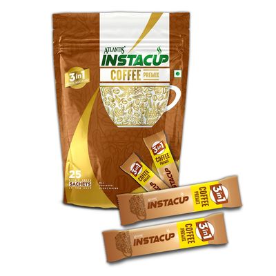 ATLANTIS INSTACUP 3-IN-1 Coffee Premix Single Serve Sachets Pack | 25 Sachets X 14 Grams Pack | Travel-Friendly Zipper Lock Pack | Just Add Hot Water & Stir
