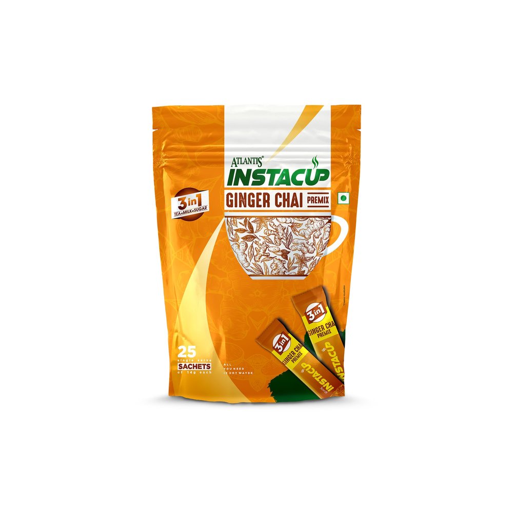 ATLANTIS Instacup Ginger Tea Premix Single Serve Sachets Pack | 25 Sachets X 14 Grams | Travel-Friendly Zipper Lock Pack | Just Add Hot Water & Stir