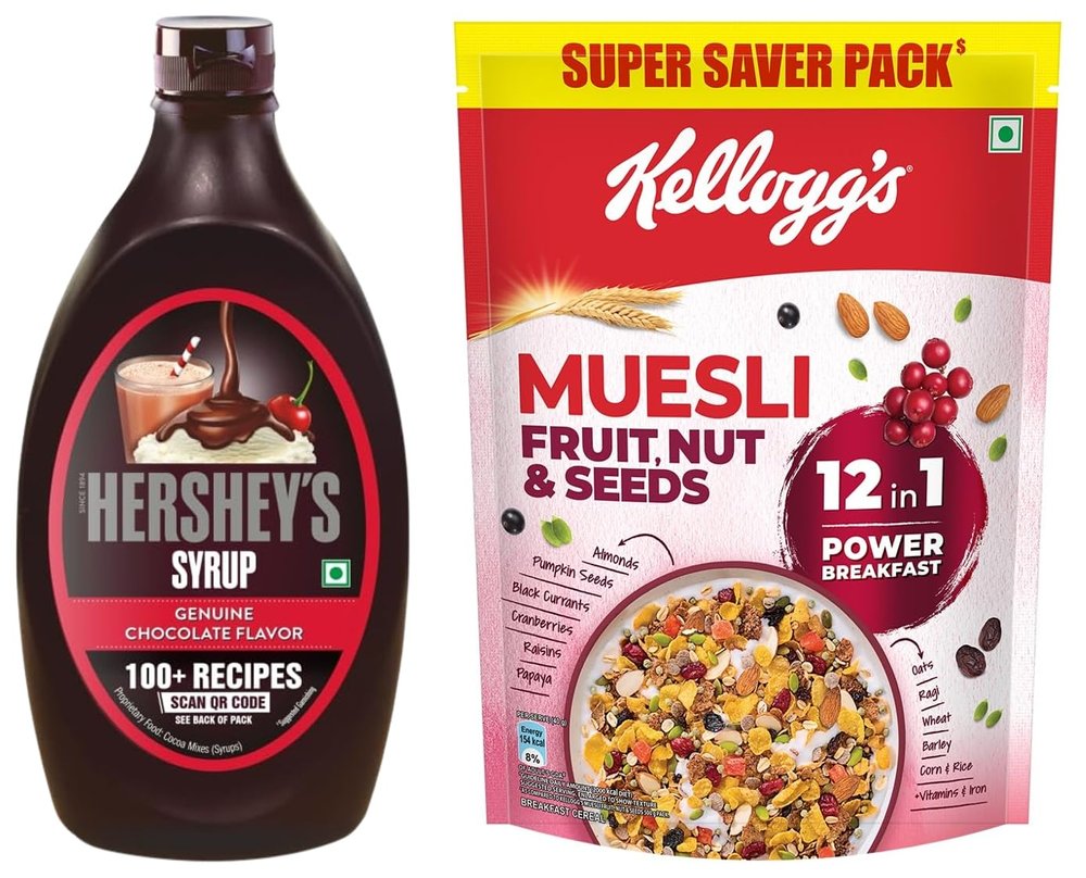 Kellogg's Hershey's Breakfast Special Combo |Muesli Fruit Nut & Seeds 750G |Delicious Chocolate Flavor Syrup 1.3Kg|Multigrain Breakfast Cereal|Delicious and Healthy Combo Pack