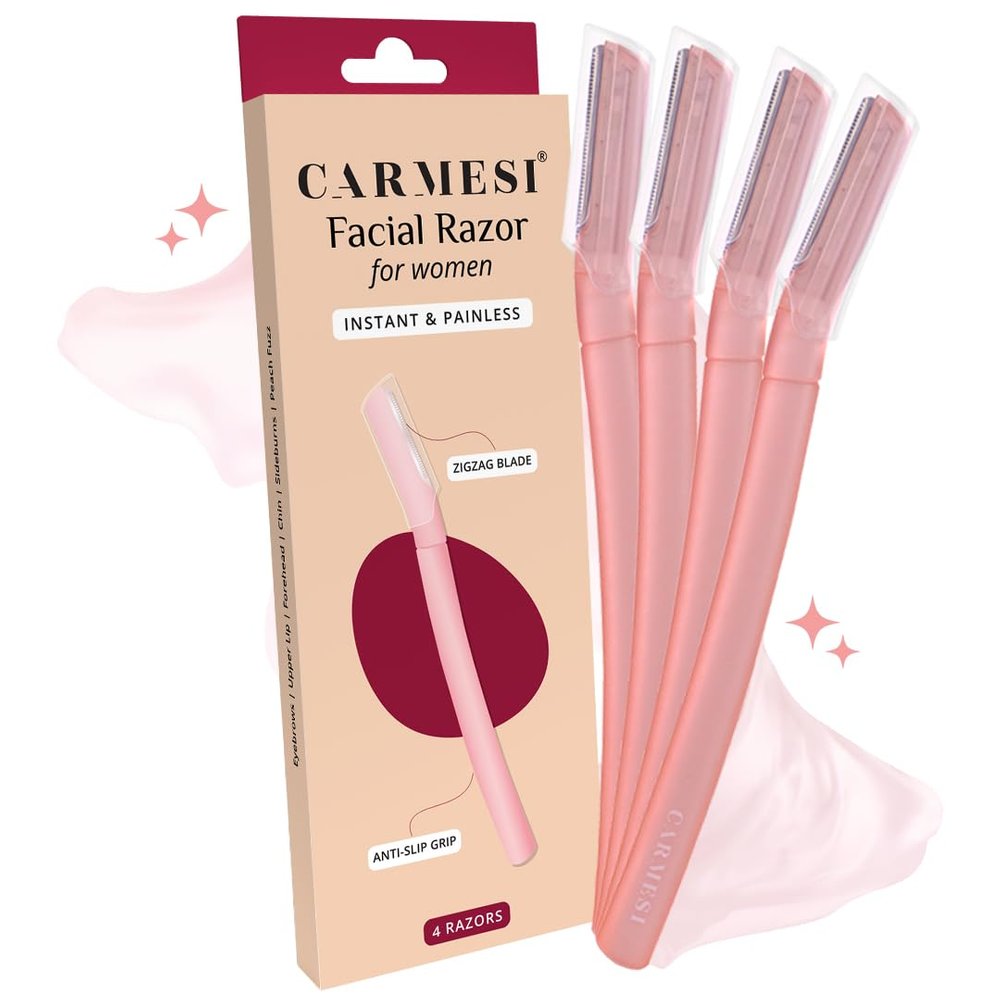 Carmesi Reusable Face Razor for Women Facial Hair- 4 Razors | Instant & Painless Hair Removal | For Eyebrows, Upper Lip, Forehead, Peach Fuzz, Chin and Sideburns | Dermaplaning Tool