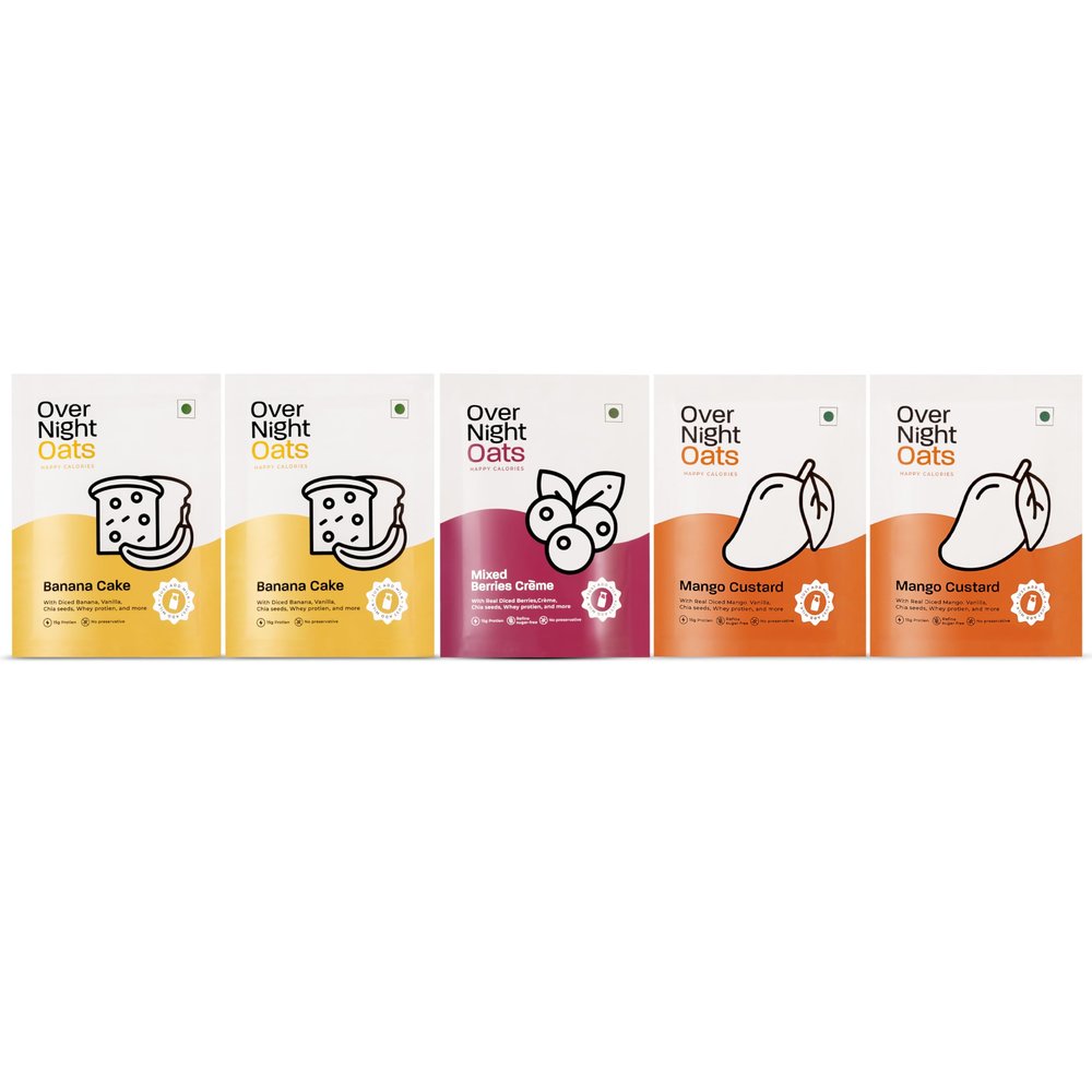 Overnight Oats 15gm High Protein, Refined Sugar-Free, with Dices Banana, Mango, Vanilla, Chia Seeds, Whey Protein & more| (Fruity Fiesta, 15grams Protein, Pack of 5)