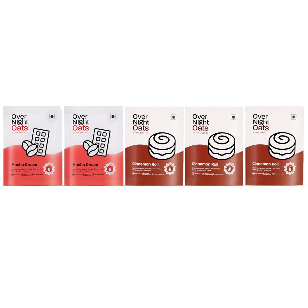 Overnight Oats 20gms High Protein| Refined Sugar Free| No Preservative|With Whey Protein, Mocha and Cinnamon Flavours (Exotic Escapes,Pack of 5)