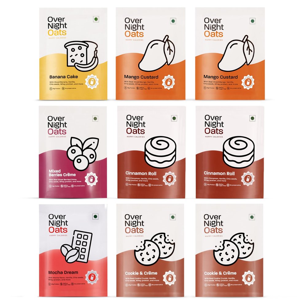 Overnight Oats 20/15gms High Protein| Refined Sugar Free| No Preservative|With Whey Protein, Mocha, Banana, Mixed Berries, Mango, Chocolate Chip, Cookies Crem and Cinnamon Flavours (Assorted,Pack of 10)