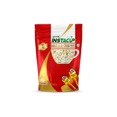 Atlantis InstaCup Masala Chai Premix Single Serve Sachets Pack | 25 Sachets X 14 Grams | Travel-Friendly Zipper Pack | Just Add Hot Water & Stir