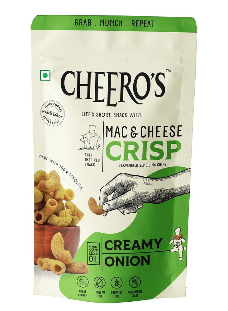 Cheero's Mac and Cheese Crisp | Cream and Onion Chips Pack of 4 | 100% Semolina, High protein Handmade Crunchy Snack | 30% Less Oil with Zero Trans Fat Munchies for Kids, Adults and Family