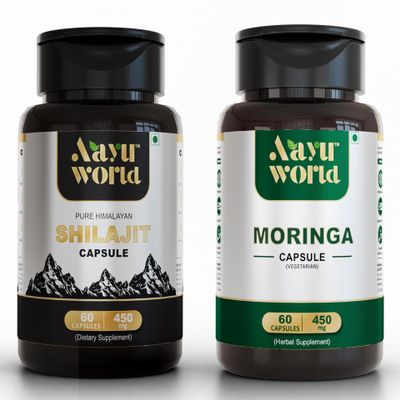 Aayuworld Moringa and Shilajit Capsules | 450mg 60 Capsules | Nutritional Supplement | Boost Stamina, Energy and Power (Combo of 2)