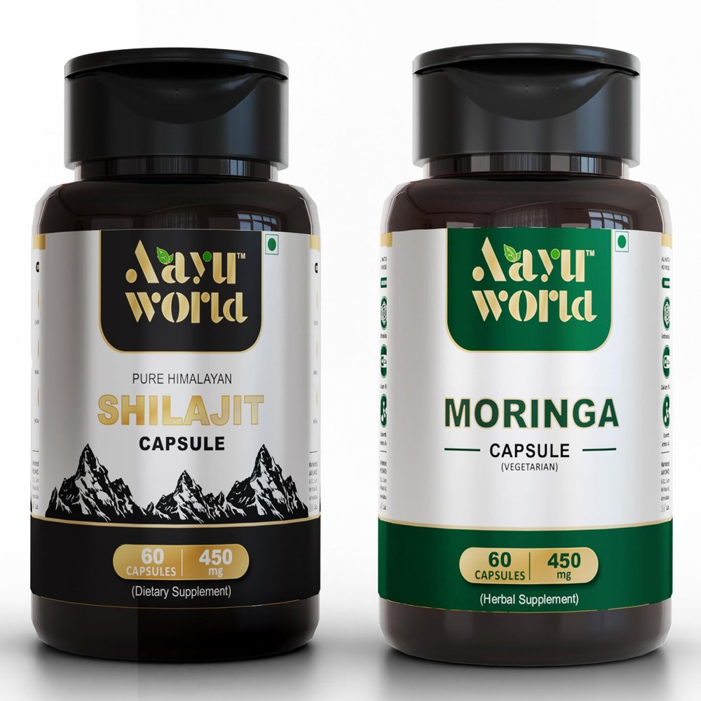 Aayuworld Moringa and Shilajit Capsules | 450mg 60 Capsules | Nutritional Supplement | Boost Stamina, Energy and Power (Combo of 2)