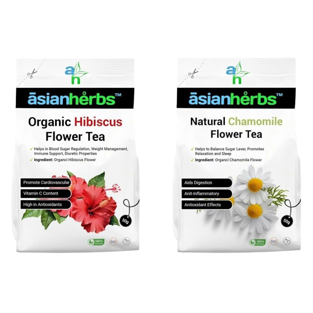 Asian Herbs Herbal Tea Combo - 2 in 1 Combo of Hibiscus Flower Tea 50g and Chamomile Flower Tea 50g | Natural Herbal Blend, Relaxation & Comfort