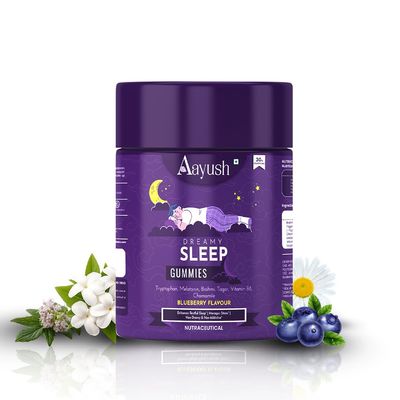 Aayush Wellness Melatonin 6mg & 30mg Tagar, Chamomile, L-Tryptophan Sleep Gummies| Fall Asleep Fast & Wake Refreshed | Stress Support & Calm the Mind | Natural, Non-Habit Forming | Tasty Blueberry Flavor | 100 Veg Gummies