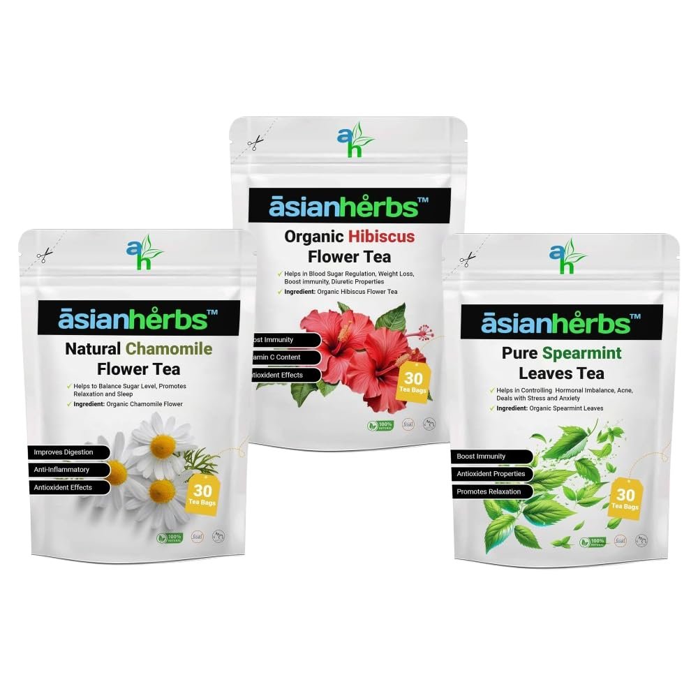 Asian Herbs Herbal Tea Combo - 3 in 1 Combo of Hibiscus Flower Tea 30 Tea Bags, Chamomile Flower Tea 30 Tea Bags and and Spearmint Tea 30 Tea Bags | Natural Herbal Blend