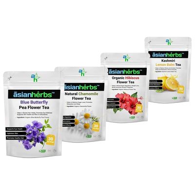 Asian Herbs Herbal Tea Combo - 4 in 1 Combo of Blue Butterfly Pea Flower Tea, Chamomile Flower Tea, Hibiscus Flower Tea and Lemon Balm Tea (30 Tea Bags each)