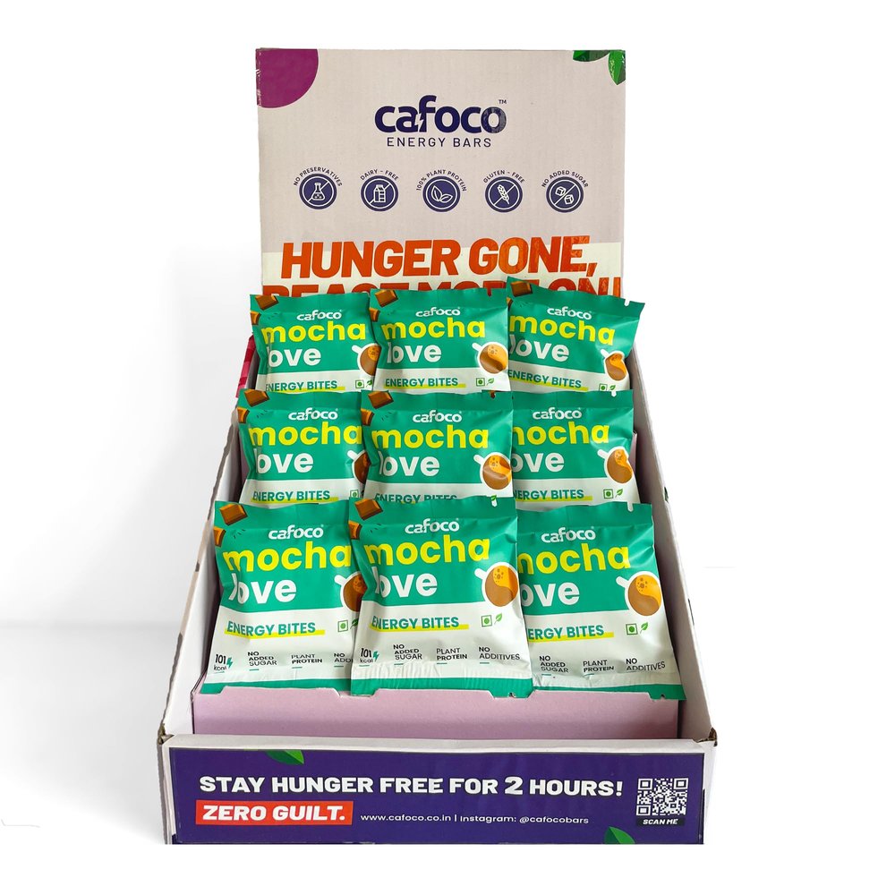CAFOCO Mocha Love Energy Bars with No Added Sugar, High Plant Protein, Fibre Nutrition, No Preservatives, Healthy Sugar-Free Protein Snack Bites for Quick Breakfast (Pack of 9x30g Each)