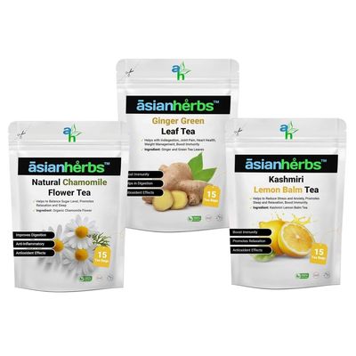 Asian Herbs Herbal Tea Combo - 3 in 1 Combo of Ginger Green Tea, Chamomile Flower Tea, Kashmiri Lemon Balm Tea | Natural Herbal Blend for Tranquility & Wellness (15 Tea Bags each)
