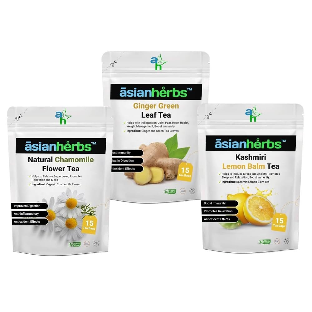 Asian Herbs Herbal Tea Combo - 3 in 1 Combo of Ginger Green Tea, Chamomile Flower Tea, Kashmiri Lemon Balm Tea | Natural Herbal Blend for Tranquility & Wellness (15 Tea Bags each)