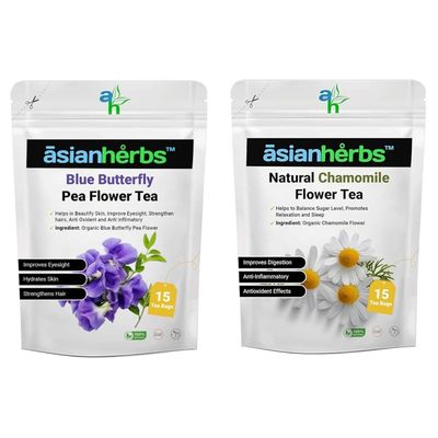 Asian Herbs Herbal Tea Combo - 2 in 1 Combo of Blue Butterfly Pea Flower Tea 15 Tea Bags and Chamomile Flower Tea 15 Tea Bags | Promoting Heart Wellness & Vitality