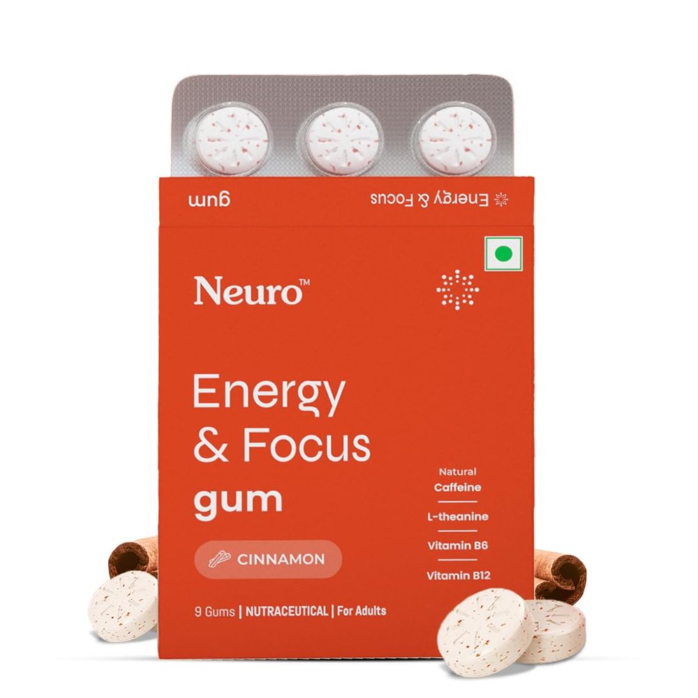 NeuroGum Energy Caffeine Gum (9 Pieces) - Sugar Free with L-theanine + Natural Caffeine + Vitamin B12 & B6 - Energy & Focus Supplement for Women & Men, Peppermint Flavor | (Pack of 1 (9 Gums), Cinnamon)