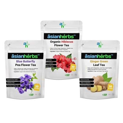 Asian Herbs Herbal Tea Combo - 3 in 1 Combo of Blue Butterfly Pea Flower Tea, Hibiscus Flower Tea and Ginger Green Tea | Promoting Heart Wellness & Vitality (30 Tea Bags each)