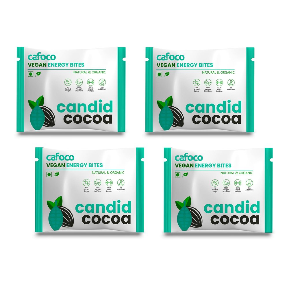 CAFOCO Candid Cocoa Energy Bars with No Added Sugar, Fibre Nutrition, No Preservatives, Healthy Snack Bites with Cashew, Cocoa, Dates & Plant Protein Powder for Quick Breakfast (Pack of 4x30g Each)