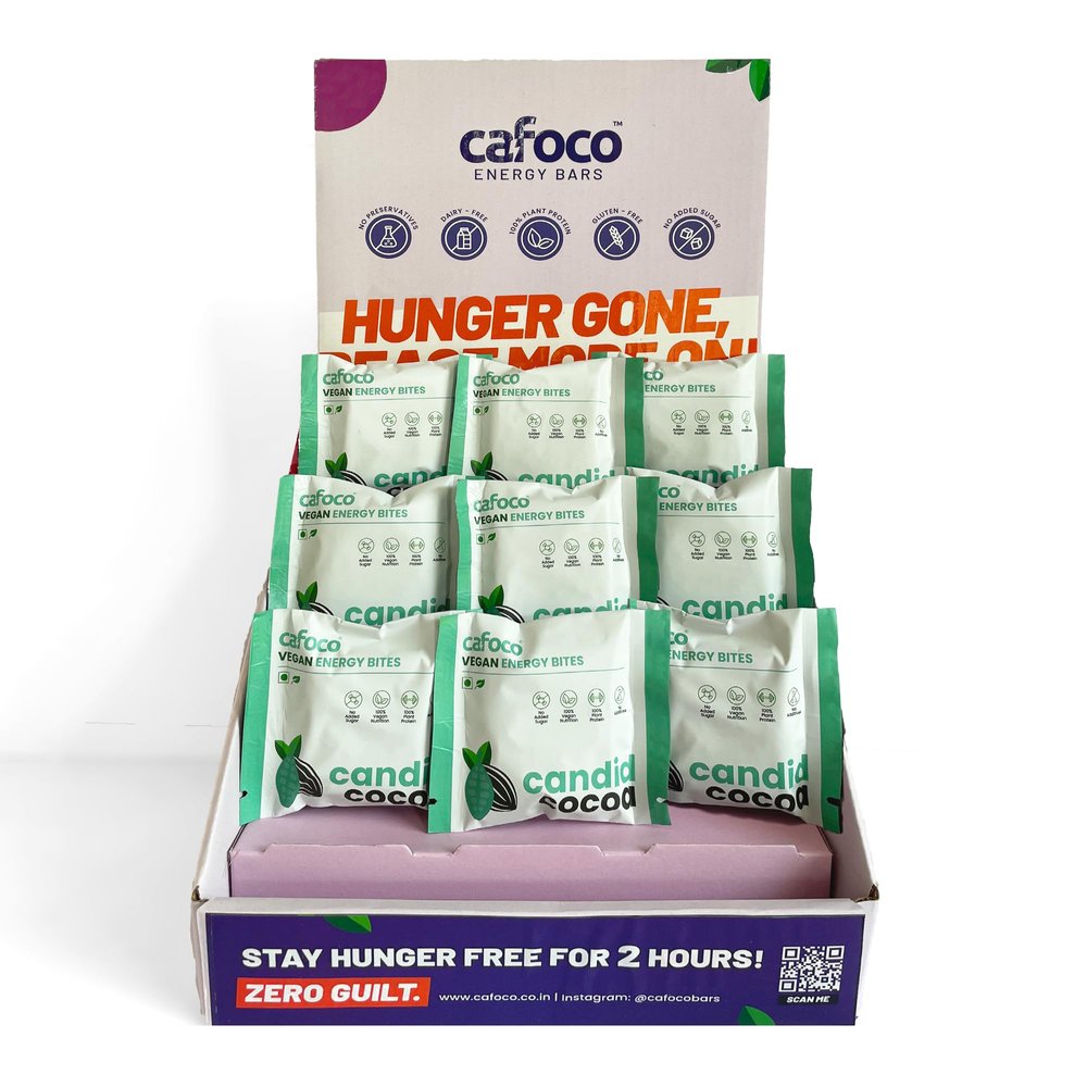 CAFOCO Candid Cocoa Energy Bars with No Added Sugar, Fibre Nutrition, No Preservatives, Healthy Snack Bites with Cashew, Cocoa, Dates & Plant Protein Powder for Quick Breakfast (Pack of 9x30g Each)