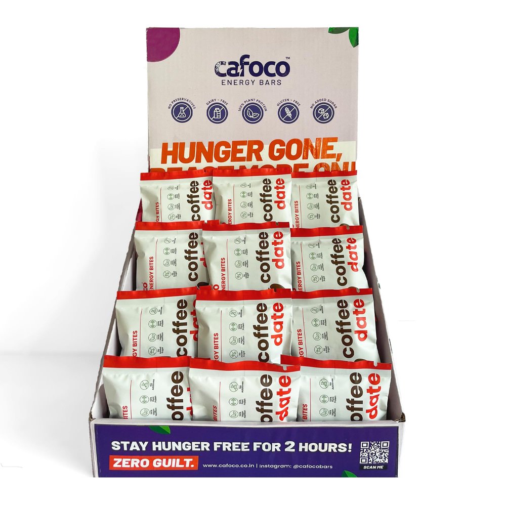 CAFOCO Coffe Date Energy Bars with No Added Sugar, Fibre Nutrition No Preservatives Healthy Snack Bites with Cashew, Rich Coffe, Cocoa, Dates & Plant Protein Powder for Breakfast (Pack of 12x30g Each)