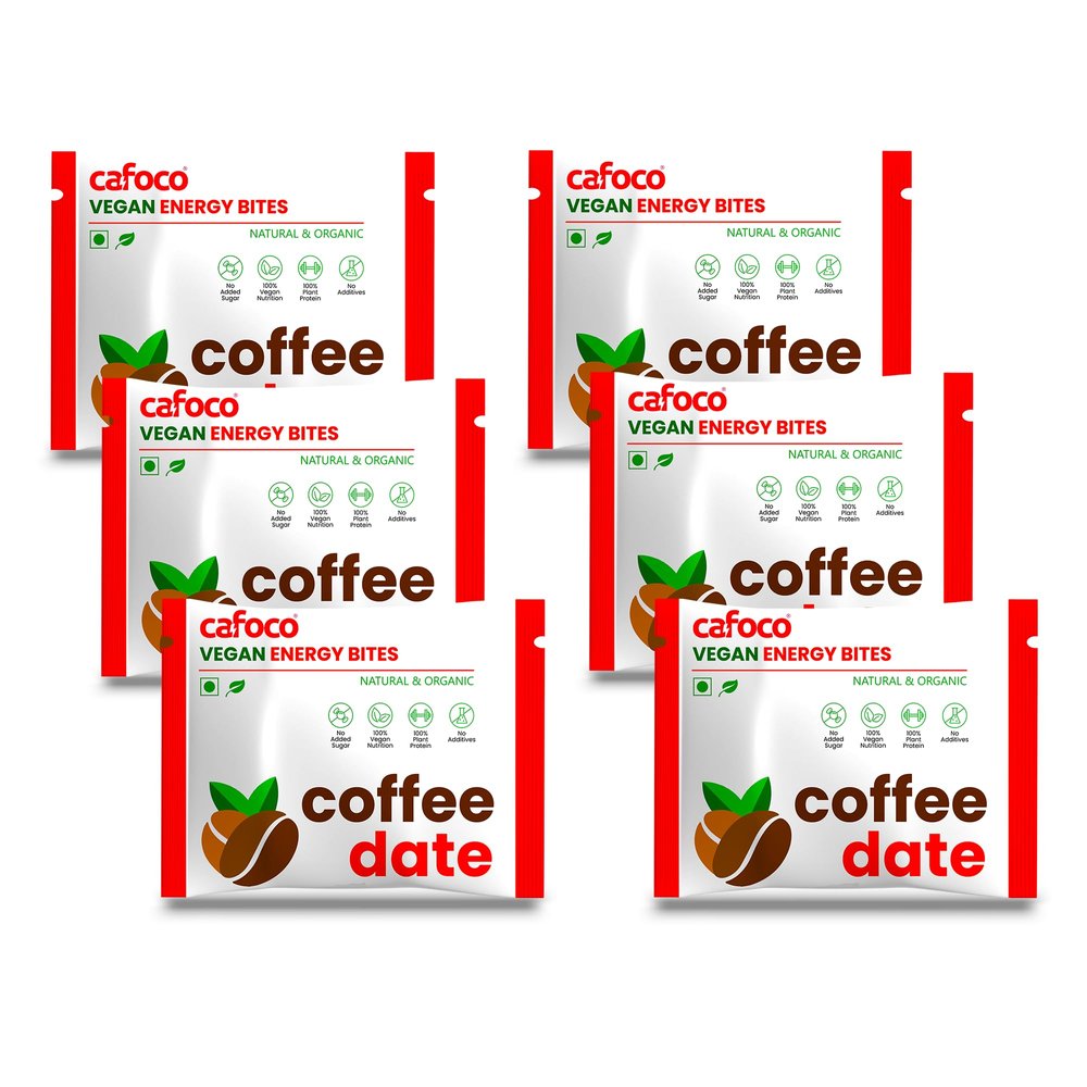 CAFOCO Coffe Date Energy Bars with No Added Sugar, Fibre Nutrition, No Preservatives Healthy Snack Bites with Cashew, Rich Coffe, Cocoa, Dates & Plant Protein Powder for Breakfast (Pack of 6x30g Each)