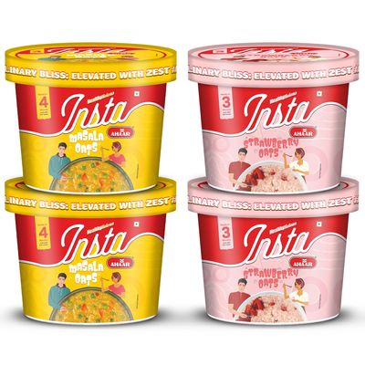 INSTA AHAAR Ready-to-Eat, Pack of 2 Masala Oats and Pack of 2 Strawberry Oats, Instant Snack