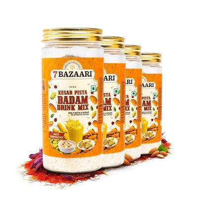 7 BAZAARI Kesar Pista Badam Drink Mix 225g |Natural Blend of Almonds, Pistachios, and Cashews with Exquisite Saffron, Rose Petals, and Spices No Artificial Flavors (Pack of 4)