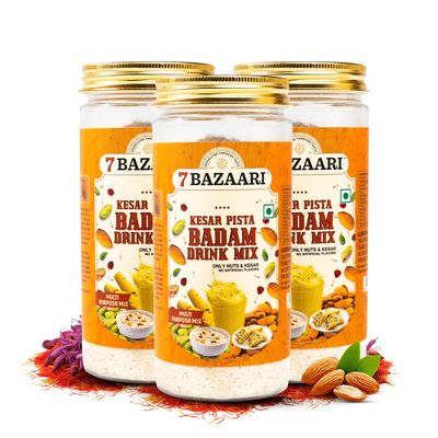 7 BAZAARI Kesar Pista Badam Drink Mix 225g |Natural Blend of Almonds, Pistachios, and Cashews with Exquisite Saffron, Rose Petals, and Spices No Artificial Flavors (Pack of 3)