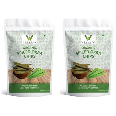 WELLAYA Spicy Okra Chips (Pack of 2x100g - 200gm) | Vacuum Fried Crispy & Healthy Snack | Vegan Friendly Vegetables Chips | No Artificial Flavour