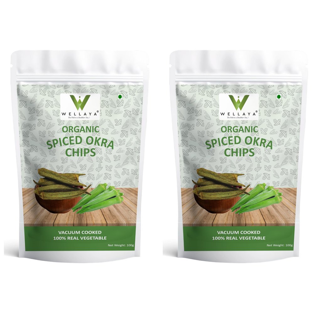 WELLAYA Spicy Okra Chips (Pack of 2x100g - 200gm) | Vacuum Fried Crispy & Healthy Snack | Vegan Friendly Vegetables Chips | No Artificial Flavour