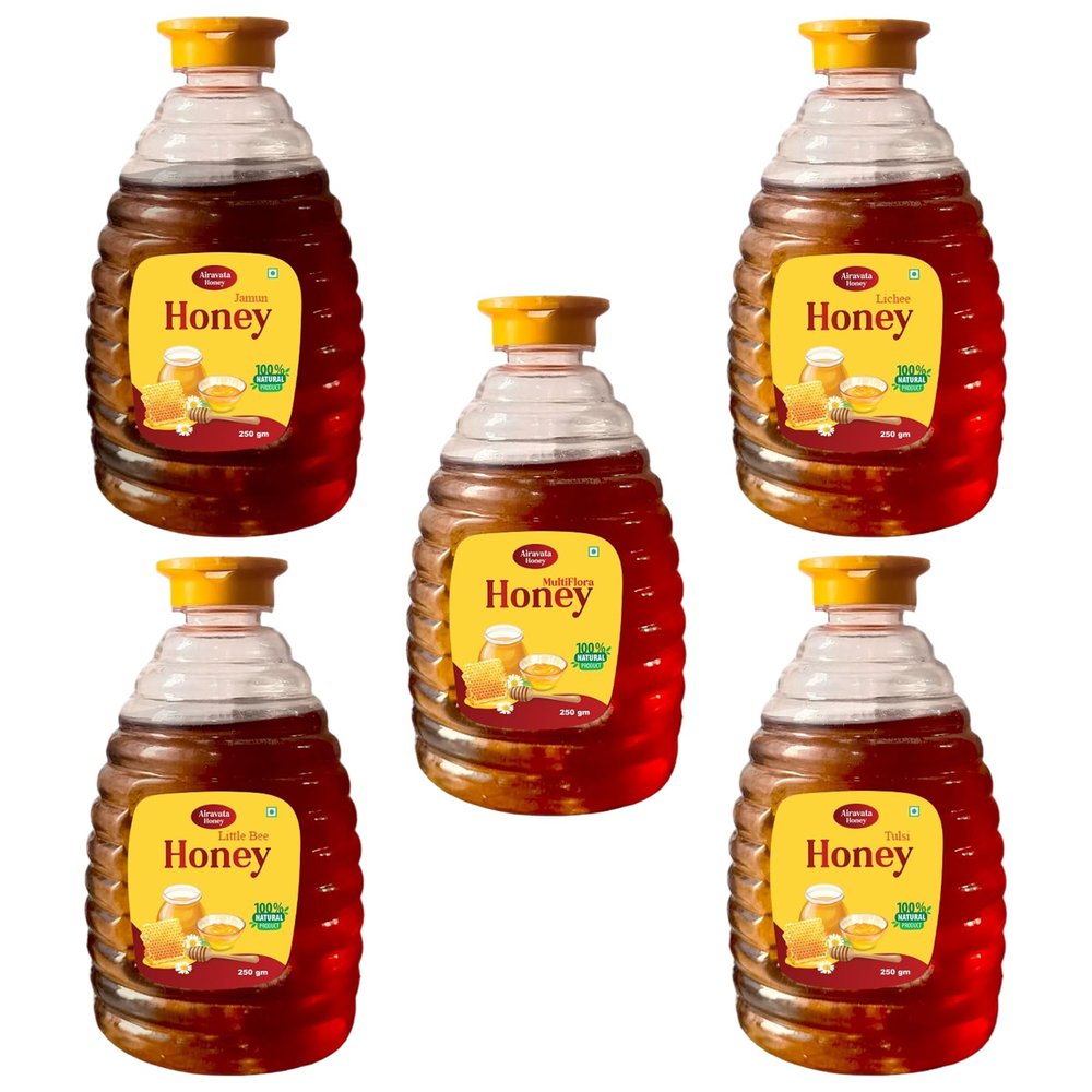 Airavata Honey 100% Pure & Natural Small Bee + Multiflora + Jamun + Lichee + Tulsi Honey | Raw Honey for Immune Support | Nutrient Rich Deliciously Honey (250g_Combo of 5)