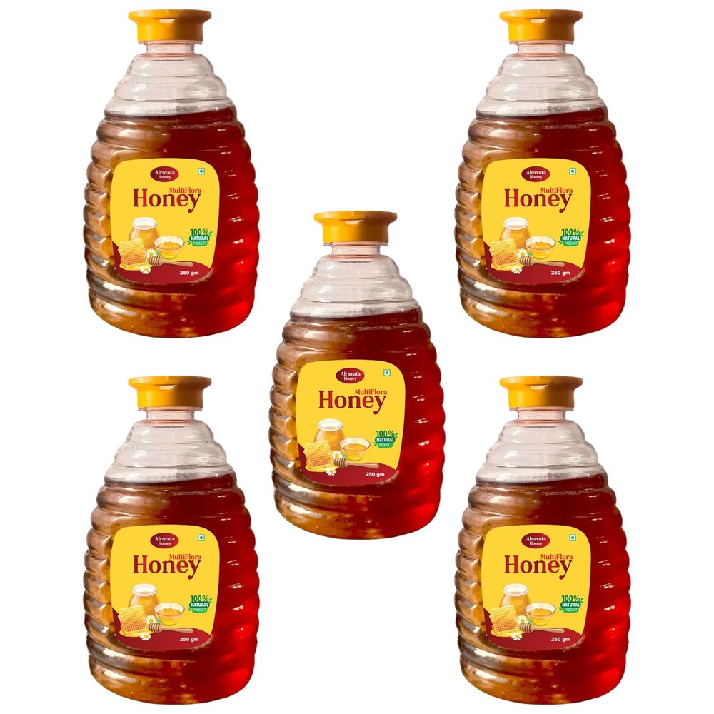 Airavata Honey 100% Pure & Natural Multiflora Honey | Raw Honey for Immune Support | Nutrient Rich Deliciously Honey | Ideal Gift for Honey Lovers (250g) Pack of 5