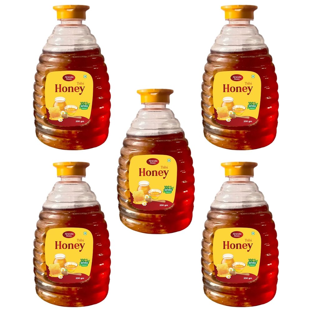 Airavata Honey 100% Pure & Natural Tulsi Honey | Raw Honey for Immune Support | Nutrient Rich Deliciously Honey | Ideal Gift for Honey Lovers (250g) Pack of 5