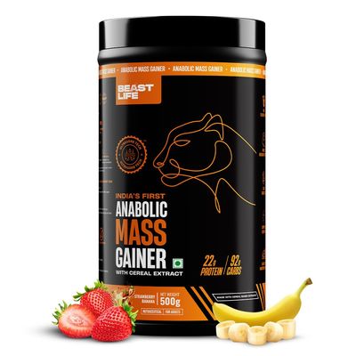 Beast Life High Protein Mass/Weight Gainer | 500 Gram | Strawberry Banana | NABL LAB Tested | For Muscle Gain & Fast Growth | Cereal-Based Formula, No Maltodextrin | India's #1 Cereal Based Bulk Gainer