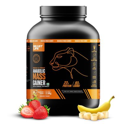 Beast Life High Protein Mass/Weight Gainer | 2.5 KG | Strawberry Banana | NABL LAB Tested | For Muscle Gain & Fast Growth | Cereal-Based Formula, No Maltodextrin | India's #1 Cereal Based Bulk Gainer