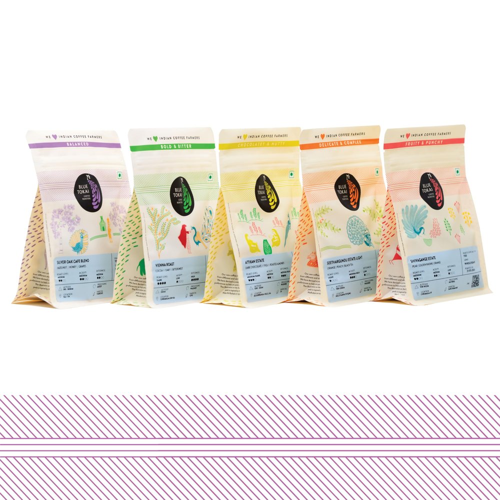Blue Tokai Coffee Roasters 5 In 1 Explorer Pack Pouch | Light To Dark Roast | French Press Coffee Grind 375G | 100% Arabica Beans | Specialty Coffee | Freshly Roasted Ground Coffee | 75G Each