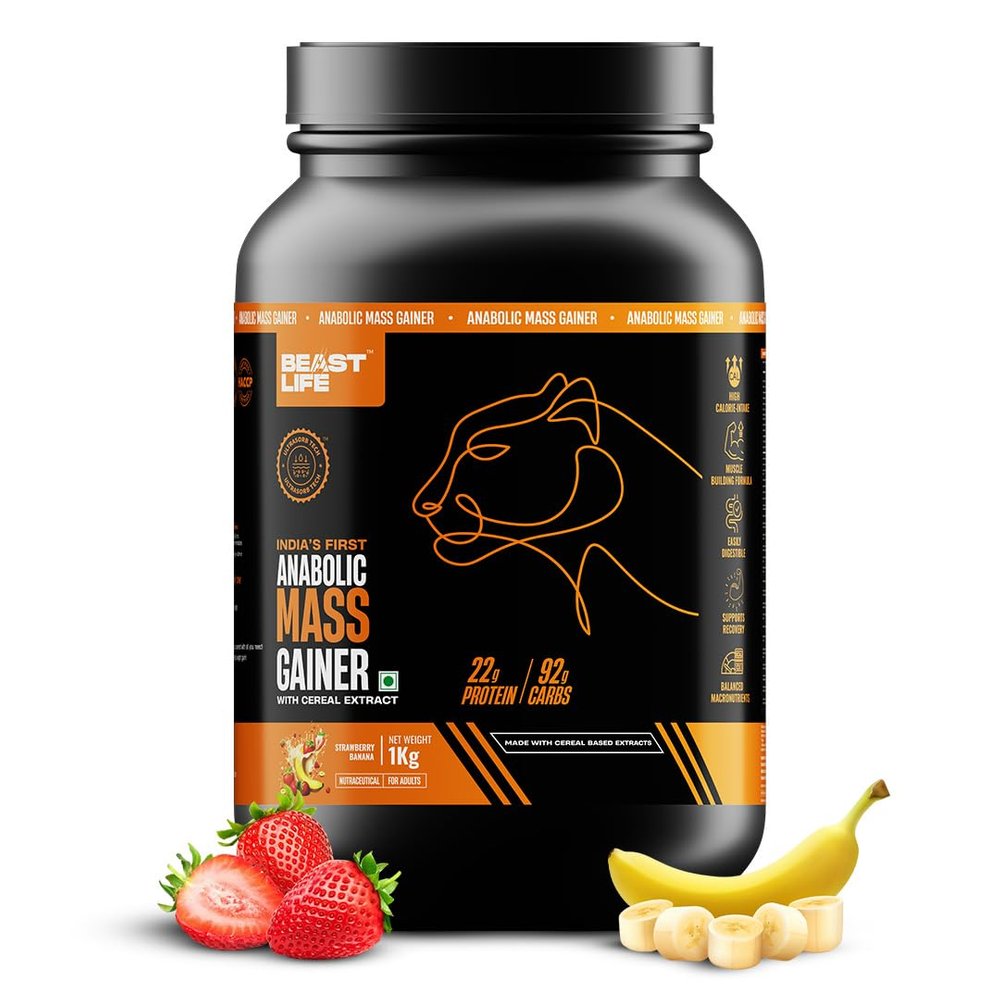 Beast Life High Protein Mass/Weight Gainer | 1 KG | Strawberry Banana | NABL LAB Tested | For Muscle Gain & Fast Growth | Cereal-Based Formula, No Maltodextrin | India's #1 Cereal Based Bulk Gainer