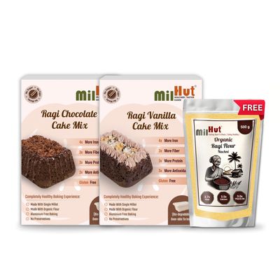 MilHut Ragi Chocolate & Ragi Vanilla Cake Mix Combo  Includes Complimentary 500g Easy-to-Roll Organic Ragi Flour | Naturally Gluten-Free | Healthy & Nutritious Baking