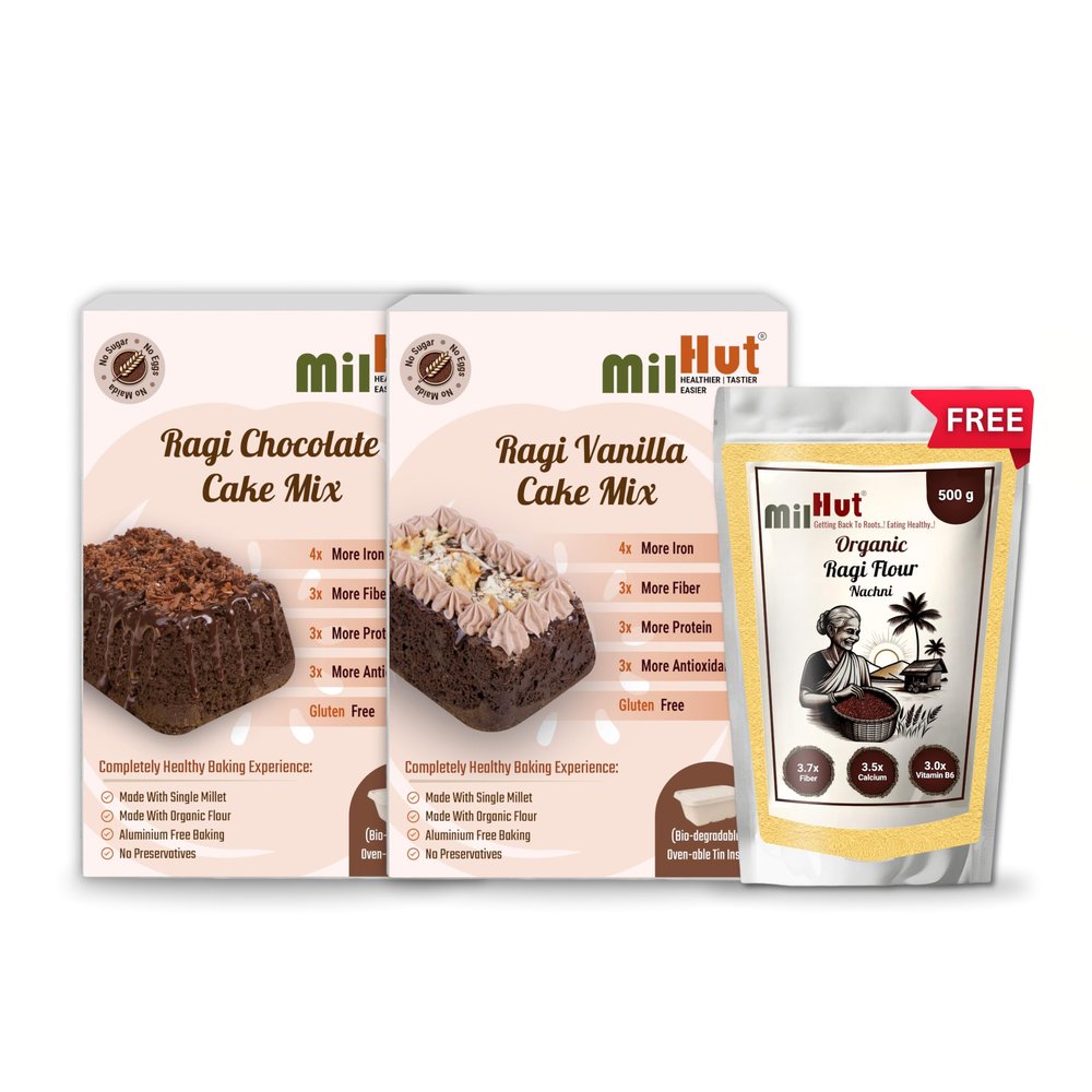 MilHut Ragi Chocolate & Ragi Vanilla Cake Mix Combo  Includes Complimentary 500g Easy-to-Roll Organic Ragi Flour | Naturally Gluten-Free | Healthy & Nutritious Baking