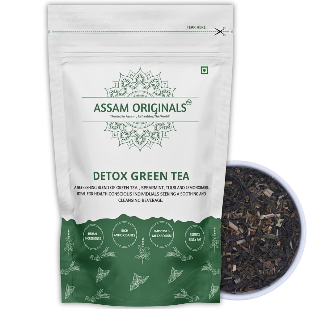 Assam Originals Detox Green Tea | Flushes Out Toxins & Reduces Belly Fat | Loose Leaves Herbal Tea | 100% Natural | Rich in Antioxidants | 100g