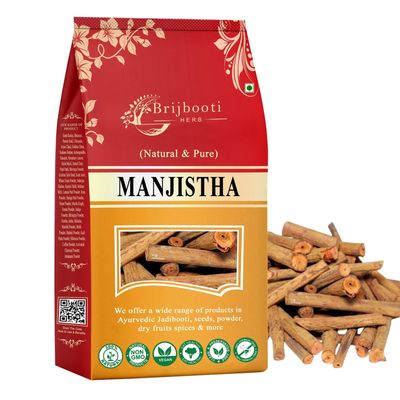 Brijbooti Organic Manjistha Root Sticks (150 gm) - Manjistha Stick Dried for Skin, Hair, Joint & Immune Support | Rubia Cordifolia | Indian Madder | FSSAI, GMP, ISO Certified