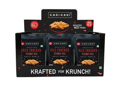 Kari Kari Chilli Garlic Rice Cracker & Peanut Mix | Crunchy Japanese Snacks | Roasted, Non-Fried Healthy Snacks | 100% Vegetarian | Party Snacks (18g x Pack of 24)