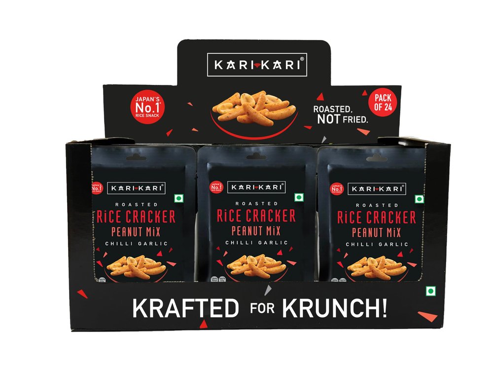 Kari Kari Chilli Garlic Rice Cracker & Peanut Mix | Crunchy Japanese Snacks | Roasted, Non-Fried Healthy Snacks | 100% Vegetarian | Party Snacks (18g x Pack of 24)