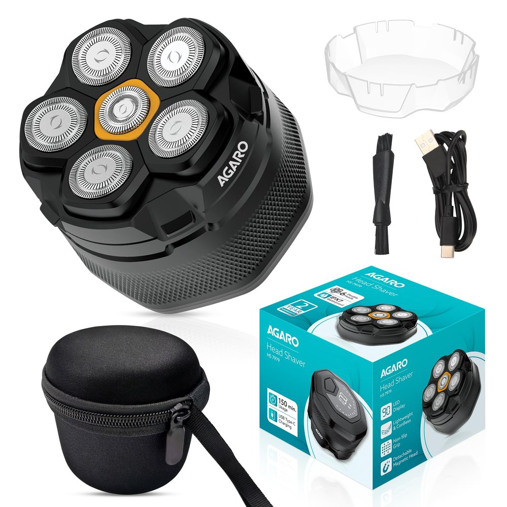 AGARO HS7979 Head Shaver, for Bald Men, 6 Flexible Heads, Wet/Dry Head Shaver, Rechargeable, IPX7 Waterproof, Detachable Heads