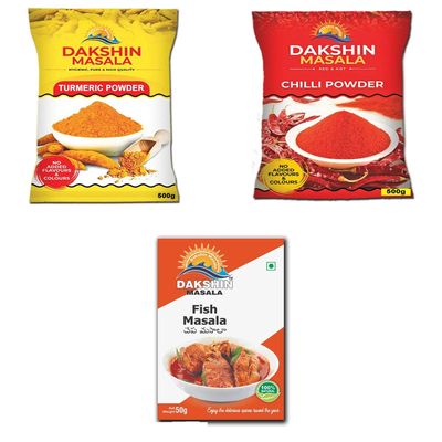 Dakshin Masala TURMERIC POWDER 500g,CHILLI POWDER 500g,FISH MASALA 50g Box Pack Of 3
