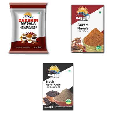 Dakshin Masala GARAM MASALA 500g,GARAM MASALA 50g Box,BLACK PEPPER POWDER 50g Box Pack Of 3